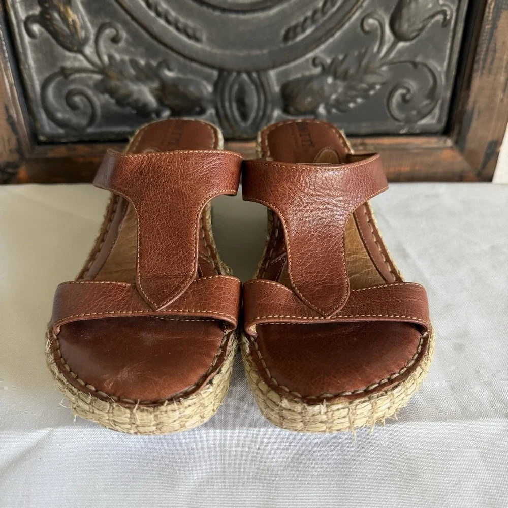 Born Brown Leather Woven Espridrille Wedge Platform  Sandal Women 6 US. 36.5 EU